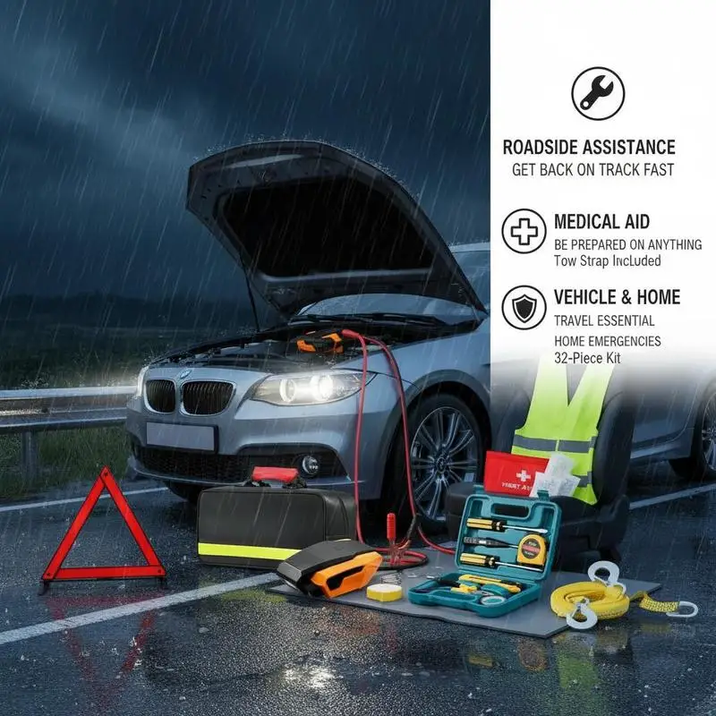 Vehicle Safety Toolbox 32-Piece For Roadside Assistance Travel Home, Jumper Cables Emergency Gear Medical Supplies Compact Storage Case view 7