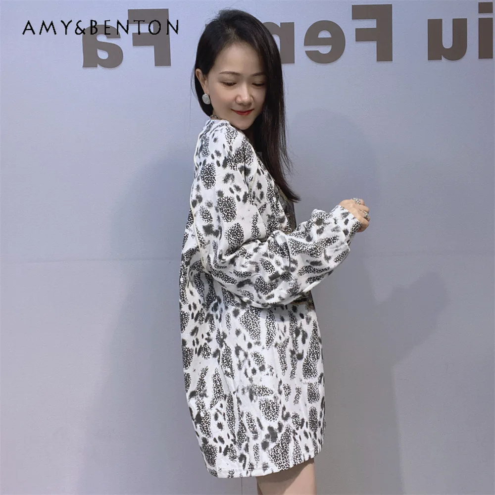 

Kawaii Clothes Long Sleeved Sweatshirts Ladies Autumn New Leopard Print Rhinestone Mid-Length Round Neck Oversized Top Sudaderas