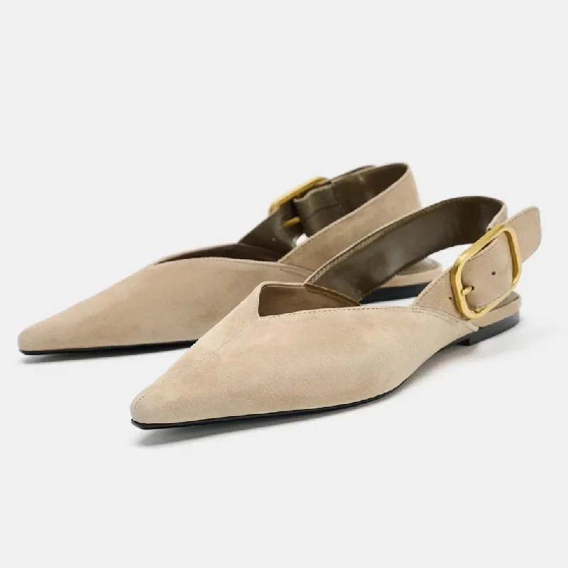 

Suede Brand Flat Mules Sandals Women Pointed Toe Spring Autumn Footwear Female Metal Buckle Shallow Comfort Casual Women Shoes