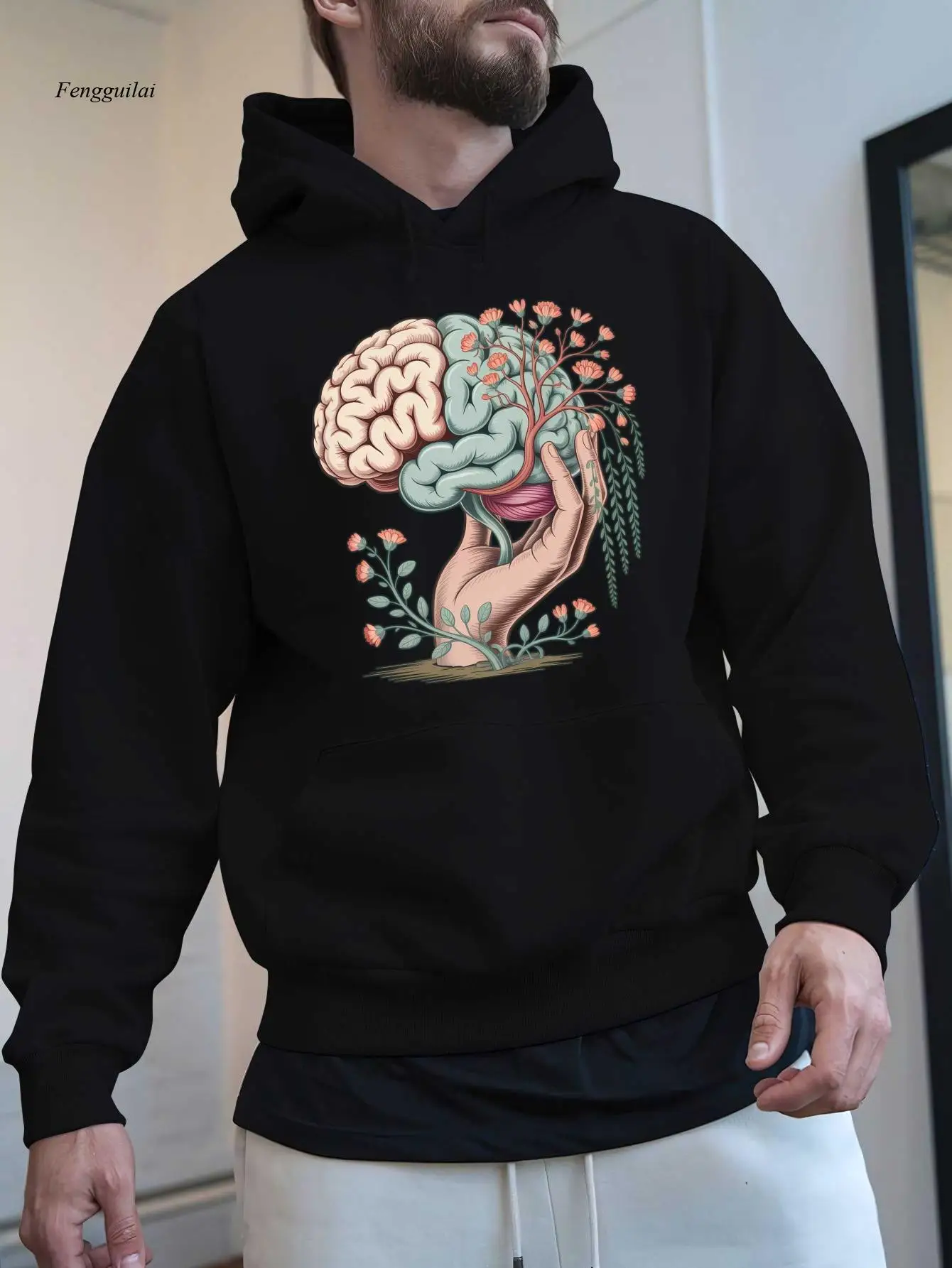 

Толстовка с капюшоном с принтом Brain & Neuroscience — серая толстовка с надписью Psychology с символами мозга, Neuron и Psychology