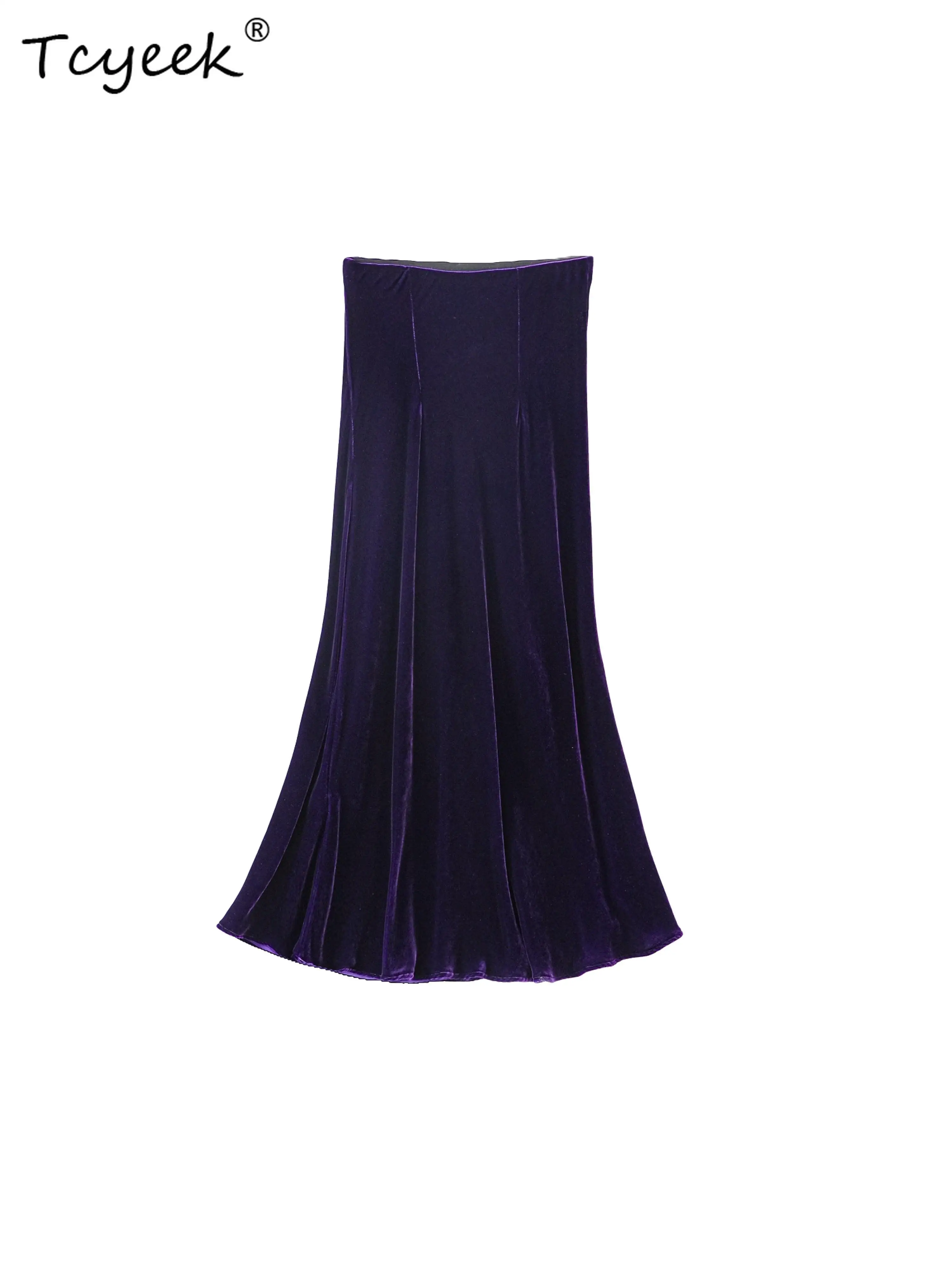 Tcyeek 100% seda amoreira real primavera outono elegante veludo envolto nádegas cauda de peixe cor sólida comprimento médio saia feminina mireト