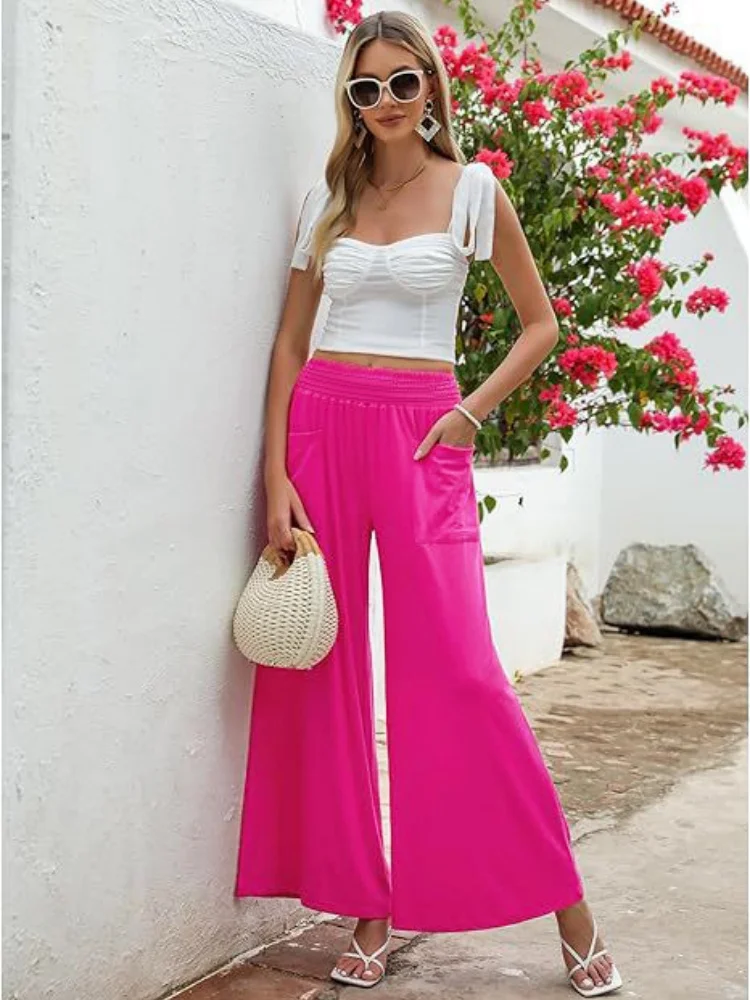 

Summer High Rise Elastic Waist Wide Leg Pants with Pockets Solid Color Trousers Comfortable Fashion Bottoms