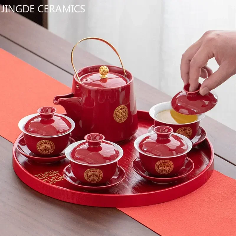 Red Ceramic Gaiwan Teapot Tea Tray Suit Boutique Chinese Tea Sets Wedding Tea Set Supplies Customized High Grade Teaware Gifts