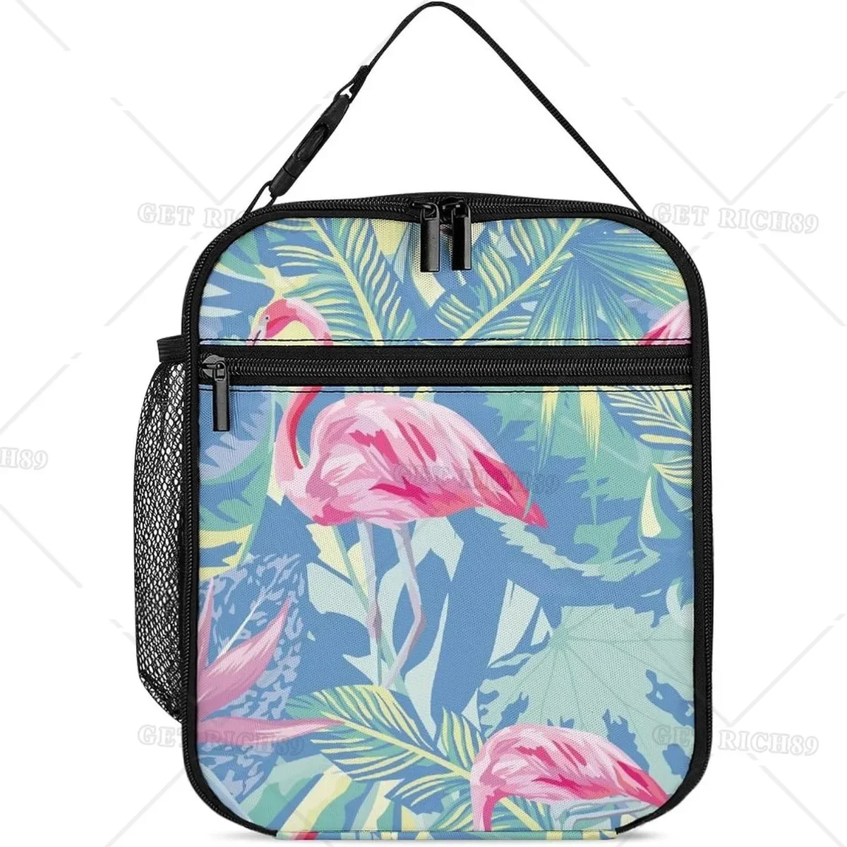 

Flamingo-blue-foliage-print Lunch Bag Insulated Portable Lunch Box Tote Bags for Adults Men Women Travel Picnic Office Gifts