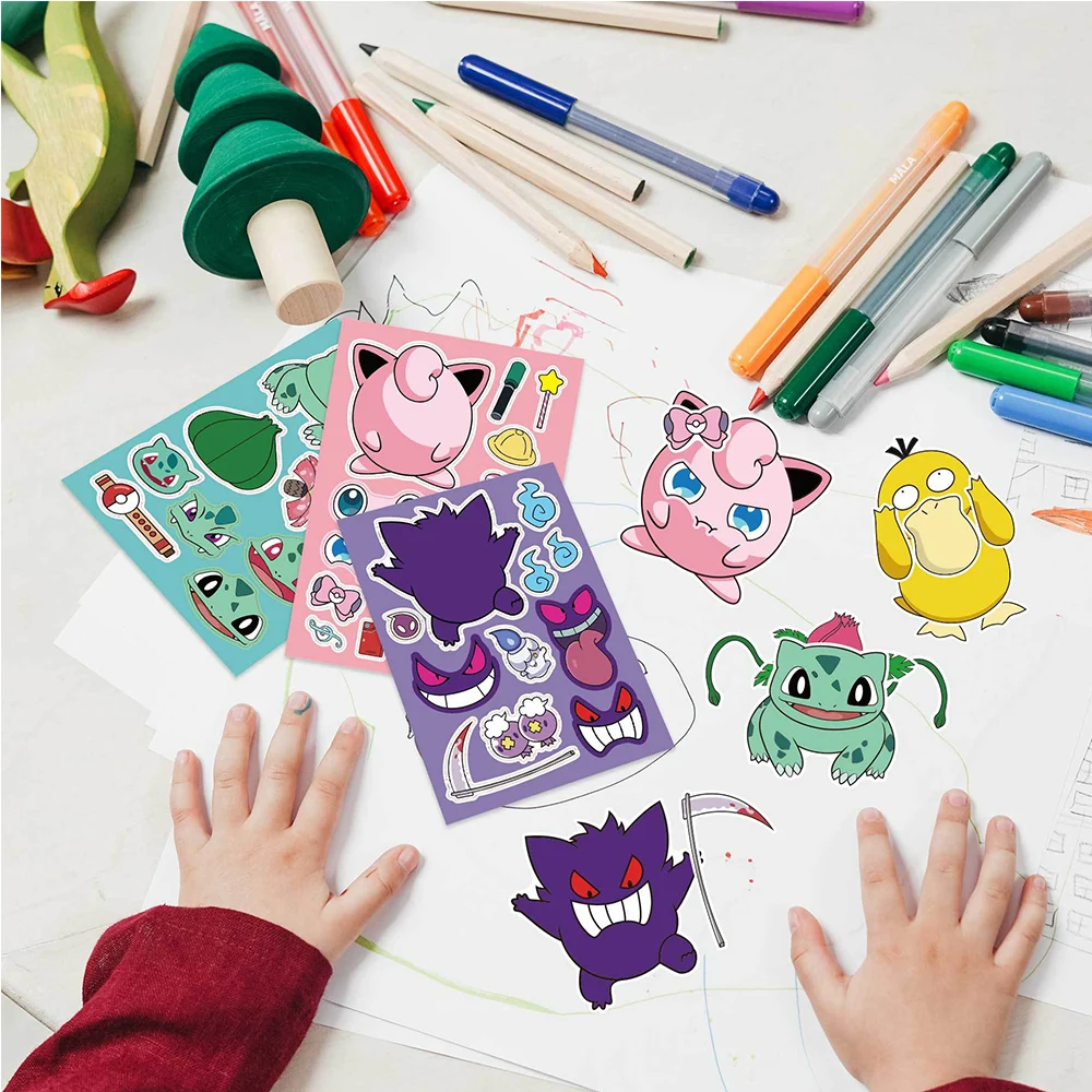 8/16 Sheets Cute Children DIY Puzzle Sticker Pokemon Face Funny Anime Pikachu Assemble Stickers Kids Toys Boys Girls Gifts