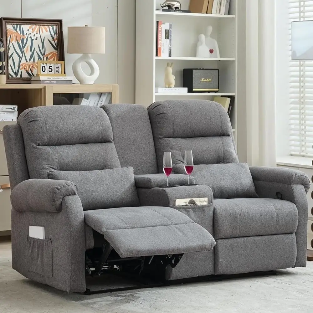 

Gray Linen Fabric Double Recliner Loveseat with Cup Holders for Home Theater and RV Use
