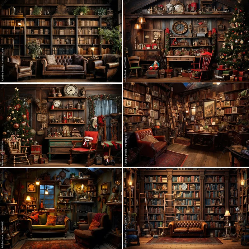 

Antique Furniture Room Photography Backdrops Functional Desk Chair Wall Clock Gift Shop Library Photo Studio Background FG-01