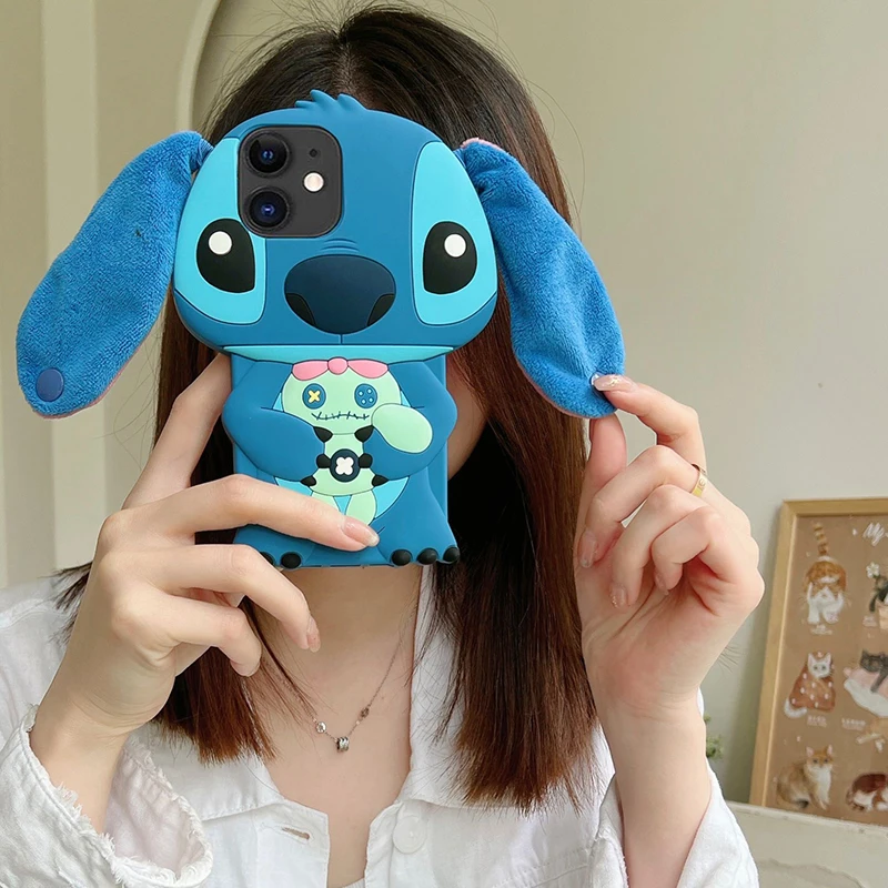 3D Stitch Fur Ear Case For Samsung Galaxy A13 A06 A16 A51 A32 A52 A52S A05 A05S A15 A25 A35 A55 Cartoon Portable TPU Phone Cover