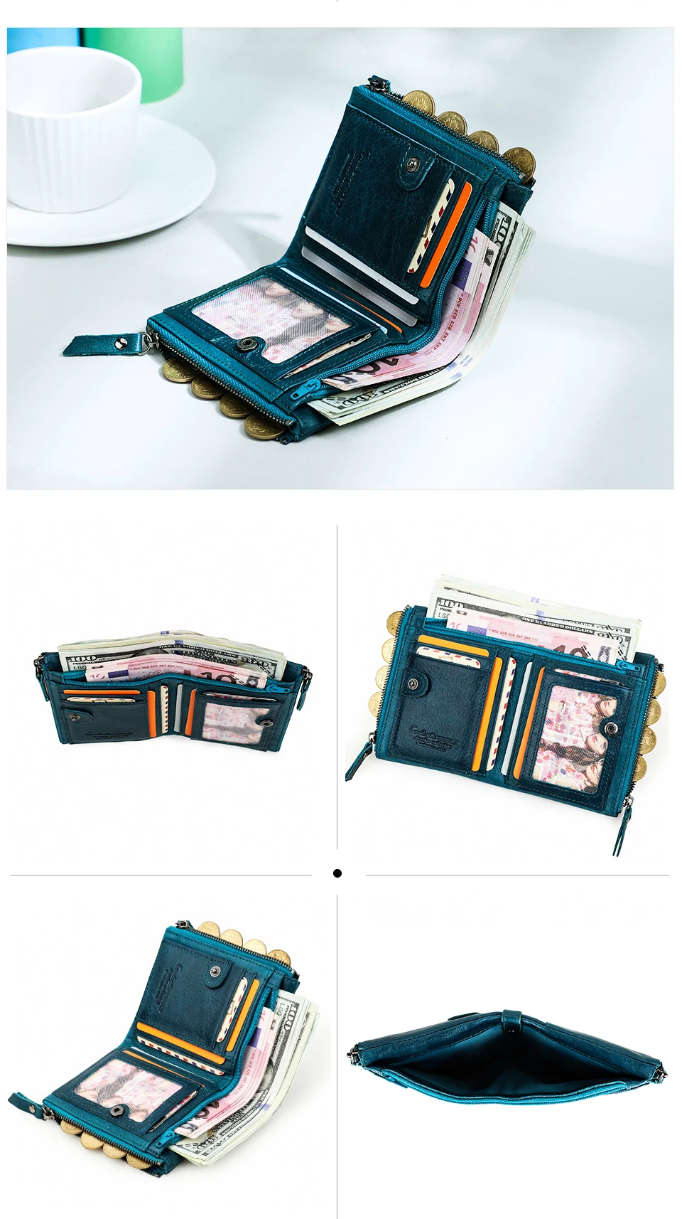 CONTACT'S Damen-Geldbörse aus Echtleder, zweifach faltbar, im Vintage-Stil, mit Münzfach und Kartenfächern – Detail 21