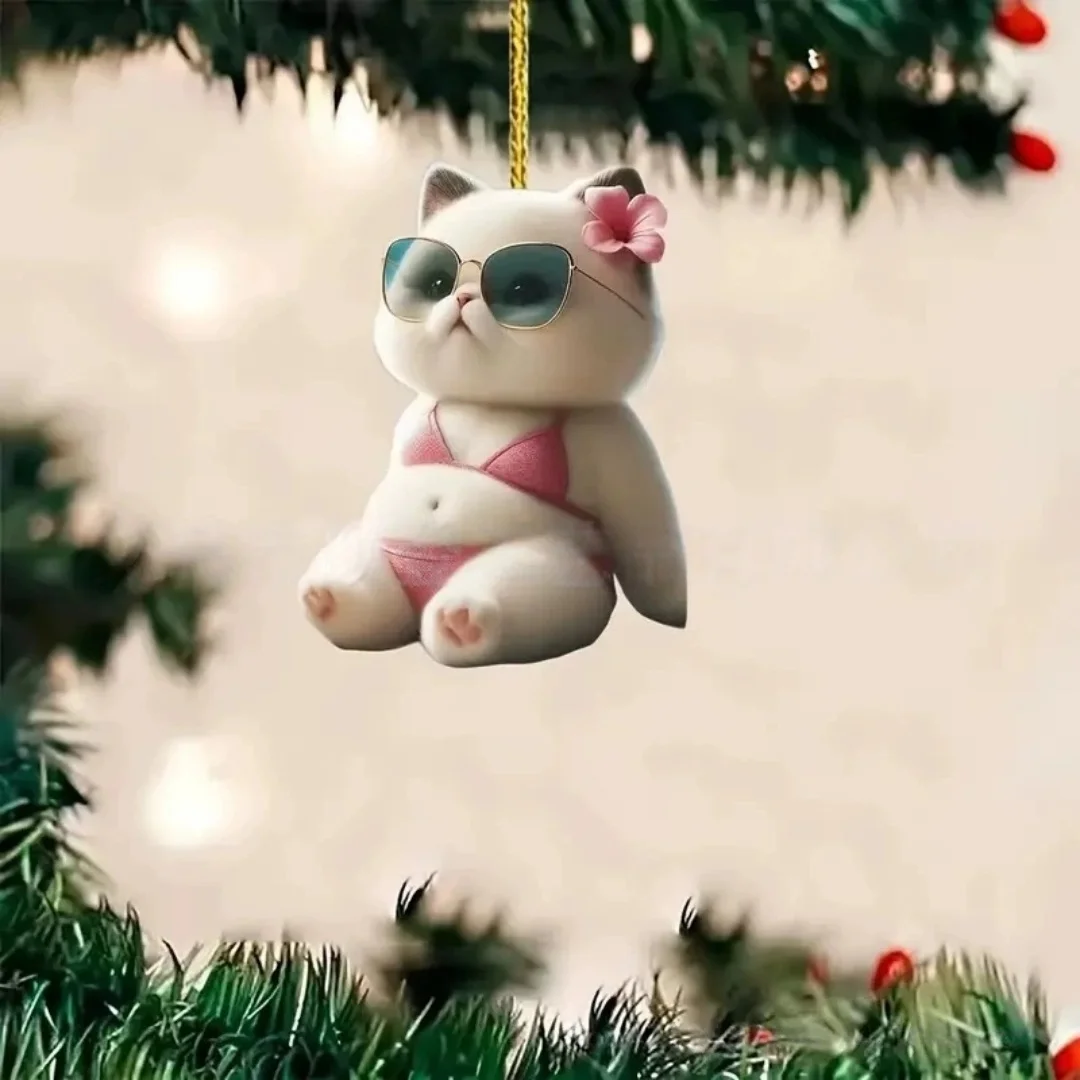 

Cute Cat 2D Flat Acrylic Car Rearview Mirror Pendant Xmas Tree Hanging Ornament Pet Lover Backpack Pendant Christmas Decor Gift