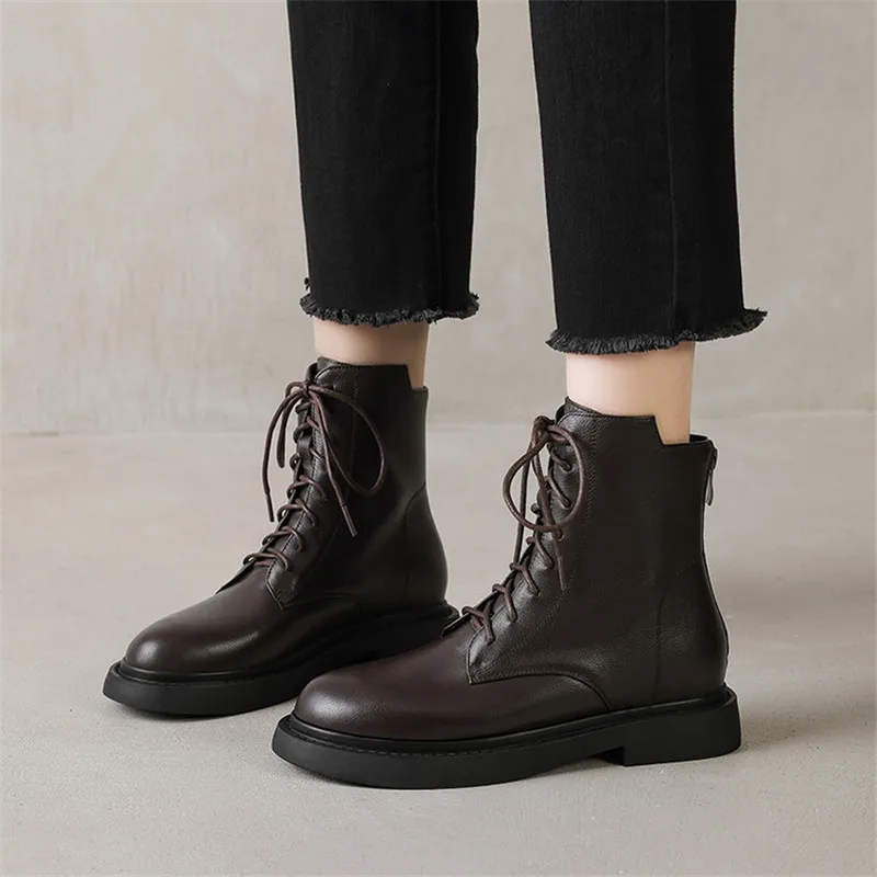 

New Autumn Winter Genuine Leather Women Boots Round Toe Shoes for Women Fashion Boots Low Heel Lace Short Boots Shoes Handmade