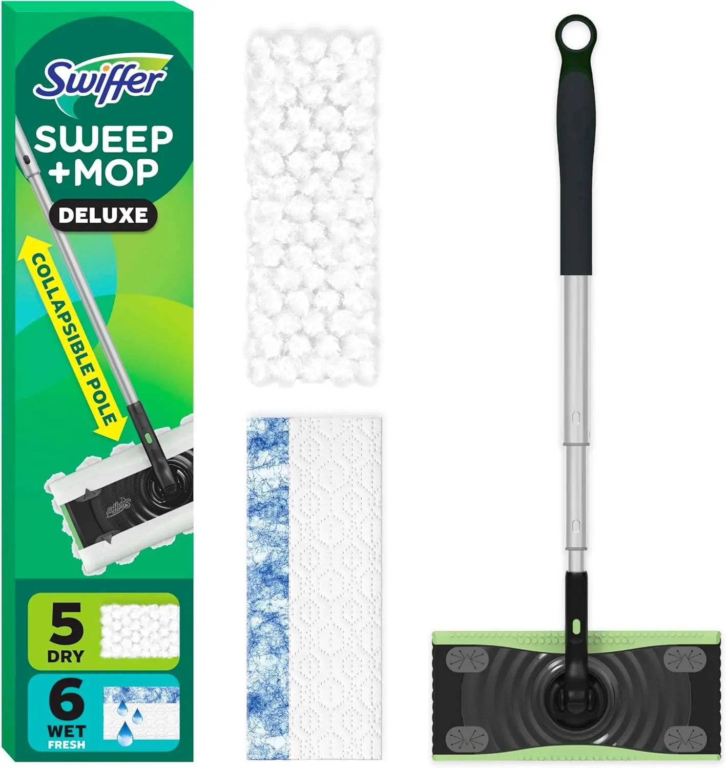 

2-in-1 Floor Sweeper and Mop Kit with Collapsible Pole, Includes 5 Dry Cloths & 6 Wet Pads for Multi-Surface Cleaning
