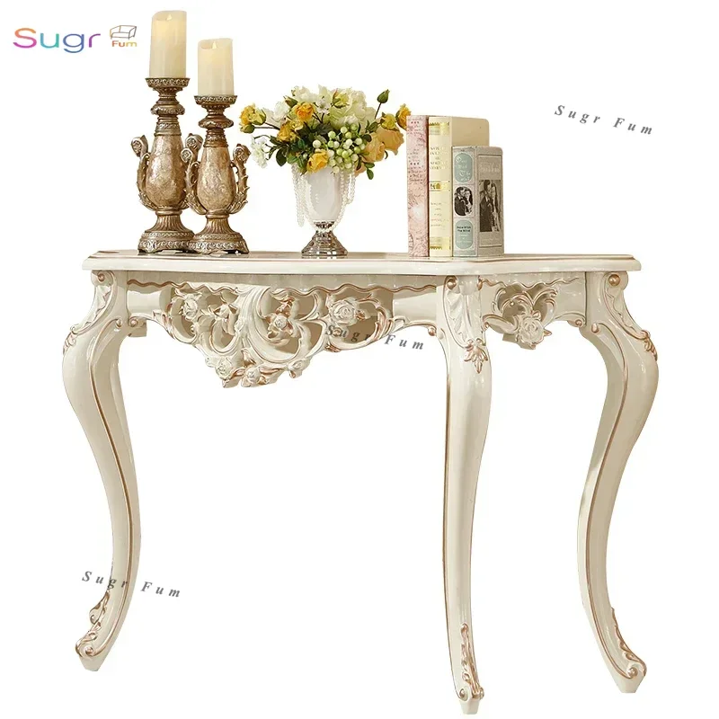

European-style all-solid wood entrance table French villa pastoral semicircular entrance table end view table living room sofa b