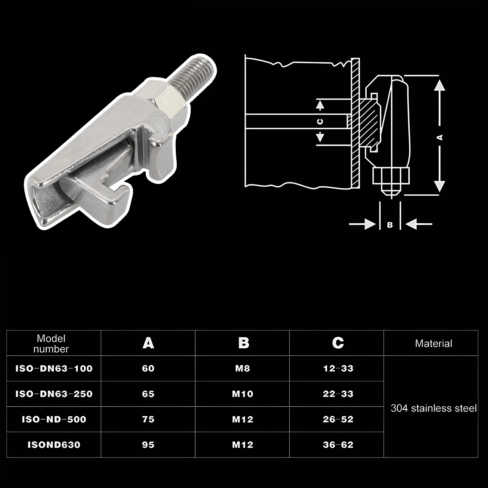 1pc M8 ISO Double Jaw Clamp 304 Stainless Steel Vacuum Fitting Vacuum Caliper Screw Quick Mount Type C Clamp Power Tool