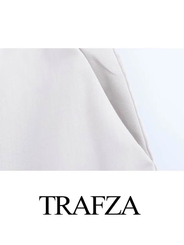 TRAFZA Women Summer Side Pockets Elastic Waist Slim Casual Shorts Woman Elegant Jewelry Decorative High Waist Loose Shorts