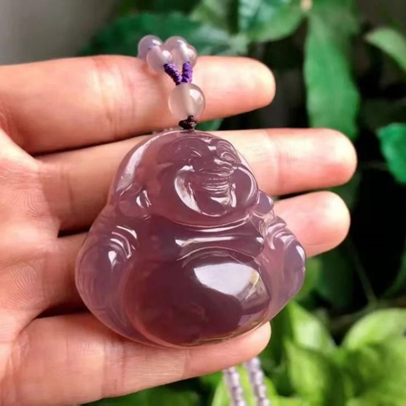 

Imperial Maitreya Pendant, Icy Purple Agate Chalcedony Buddha Figurine, Jade