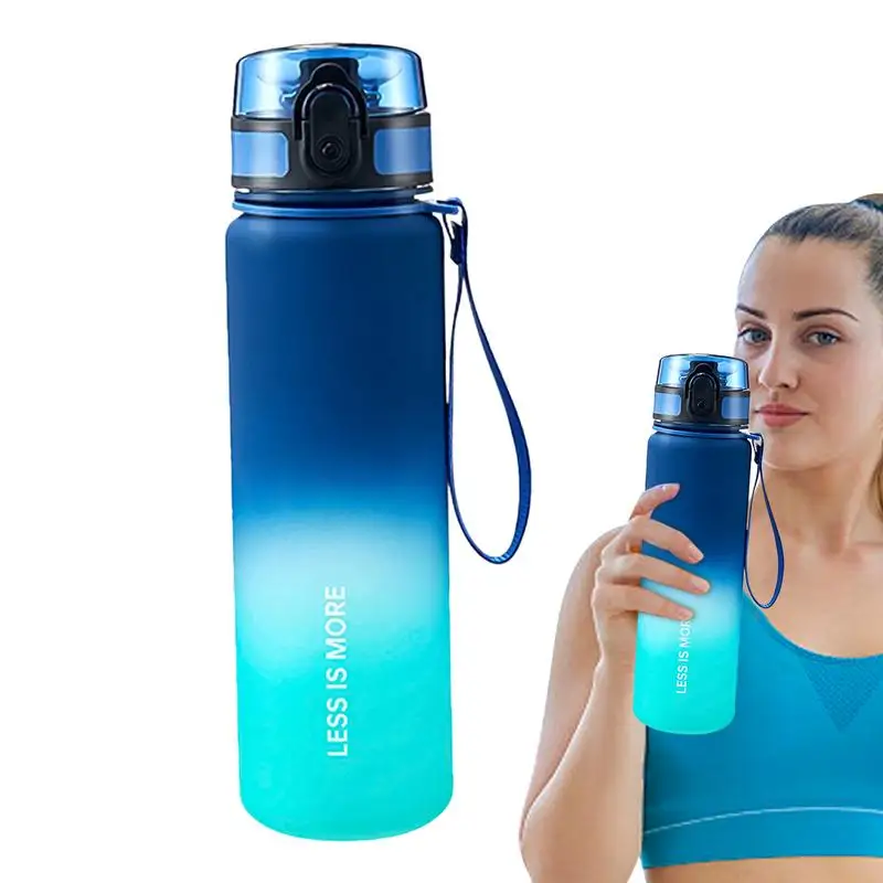 Water Bottle For Running Gradient Blue Daily Water Intake Water Bottle 1000ml Large Capacity Leakproof Water Bottles With Strap