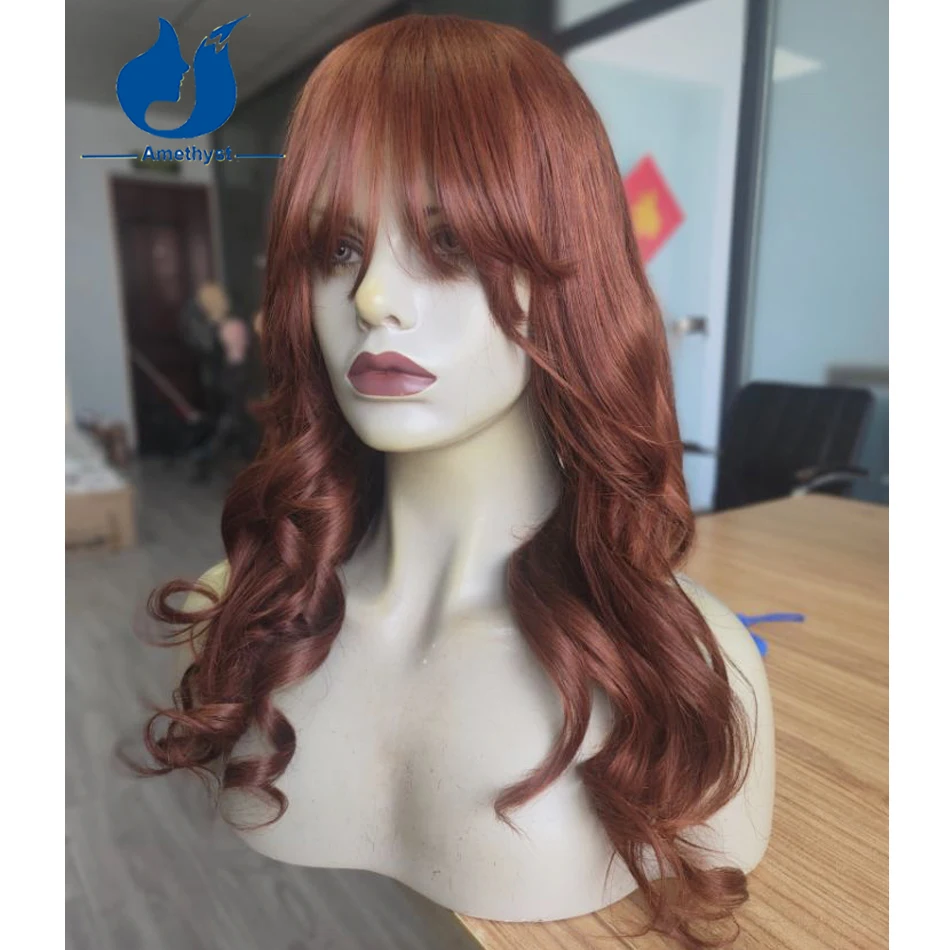 Amethyst Long Body Wave Wig Orange Brown with Bangs Full Scalp Top 100% Human Hair for Women Machine Made Wig Ginger Colored