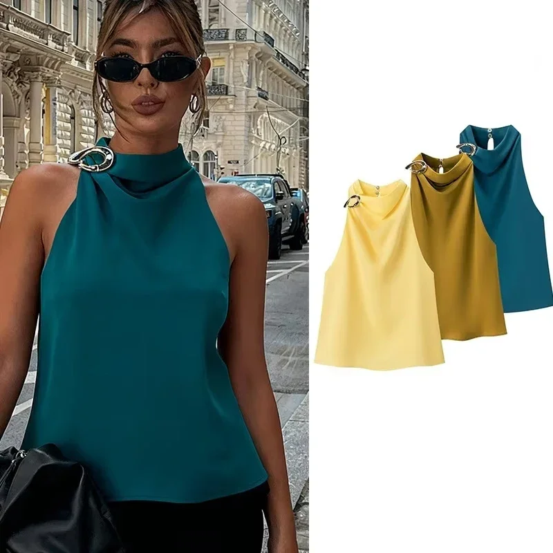 

Satin Tops for Woman Spring Summer 2026 Cropped Y2k Harajuku Fashion Elegant Chic Sleeveless Shirt Blouse Top Female