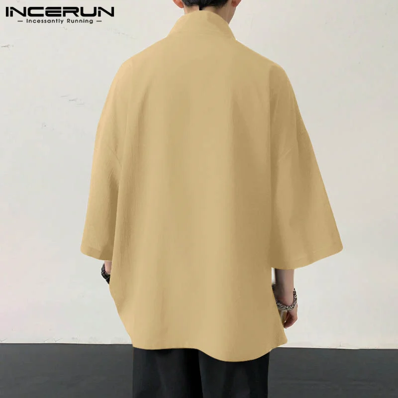 INCERUN Men Shirt Solid Color V Neck Half Sleeve Loose Lace Up Open Stitch Casual Cardigan Streetwear Kimono 2024 Retro Shirts