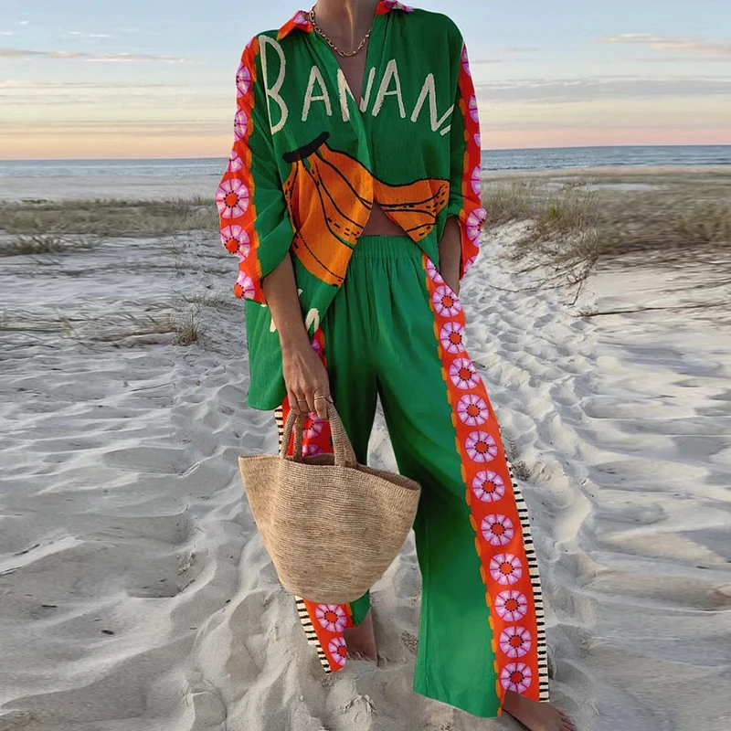 

Casual Vacation Women's Two Piece Sets Fashion Lapel Shirt + Long Pants Beach Suit Spring Summer Pattern Printed Loose Outfits