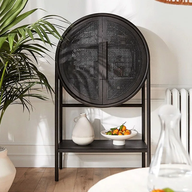 

Nordic solid wood rattan ins locker household living room double door round wine cabinet modern creative storage cabinet