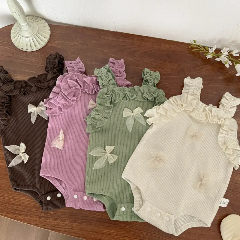 

Newborn Baby Girl Princess Cotton Bow Jumpsuit Ruffles Infant Toddler Elegant Solid Pajamas Birthday Party Baby Clothes 3M-18M