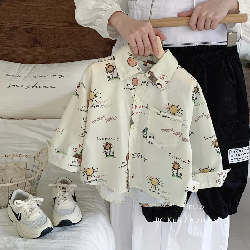 

Children's shirt2024Autumn New Cartoon Full Printed Boys' Sun Medium and Large Children's Long Sleeve Shirt G0315