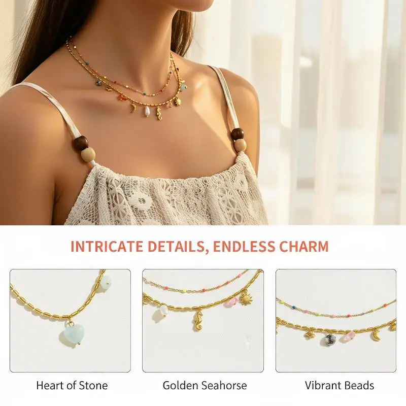 Boho Sexy Mode Edelstahl Seestern Seepferdchen Anhänger Halskette Damen Niedliche Bunte Perlen Schlüsselbeinkette Schmuck Geschenk – Detail 2