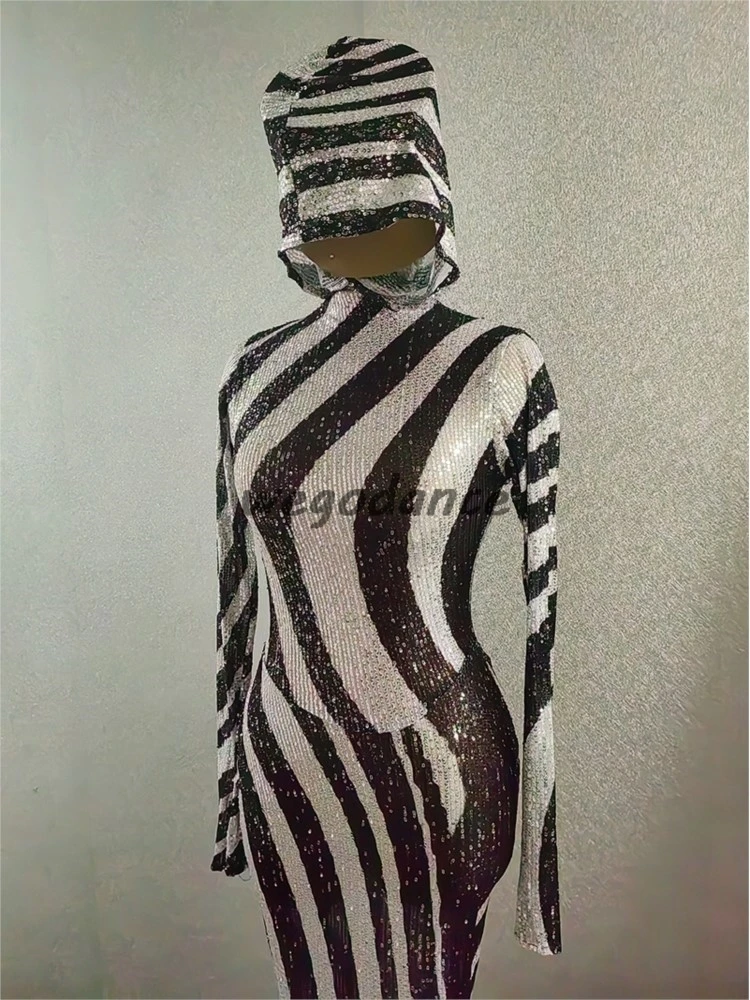 New Zebra Stripes Long Evening Party Dress For Women Singer Dance Costume