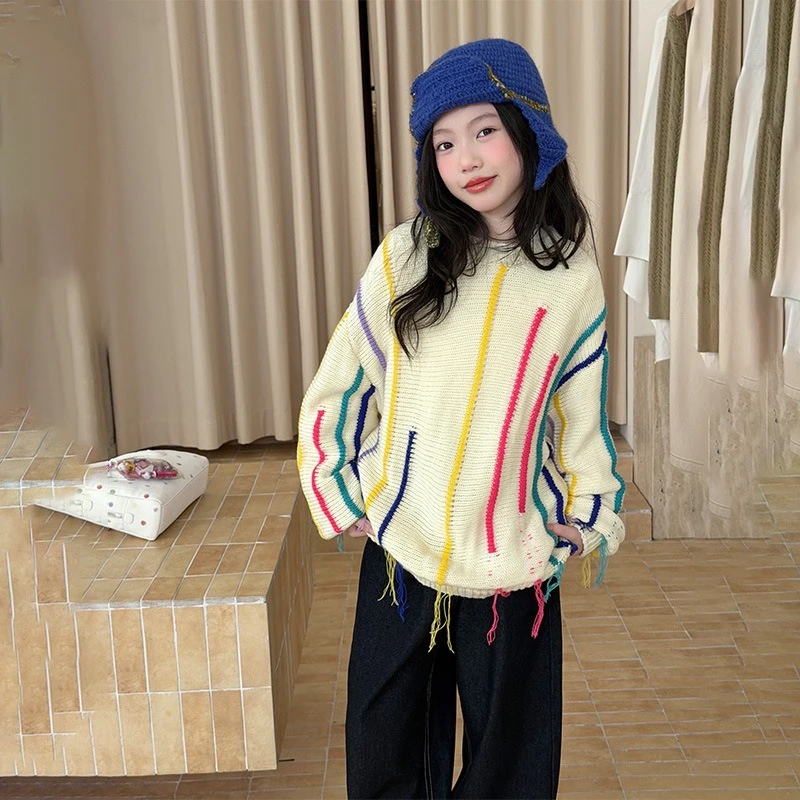 Dopamine Colored Striped Fringe Knit Sweater for Girls Autumn Loose and Casual Versatile Round Neck Sweater Trendy