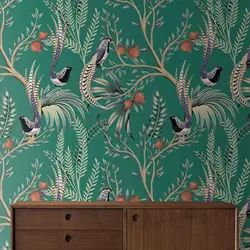 Exotic Bird Floral Wallpaper, Vintage Garden Pomegranate Fruit Tree Wall Paper ,Peel And Stick Wall Mural ,Green Color WallPaper