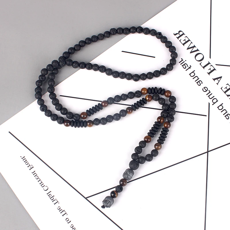6mm Lava Stone Tiger-eye Beaded Necklace for Men and Women with Buddha Head Pendant
