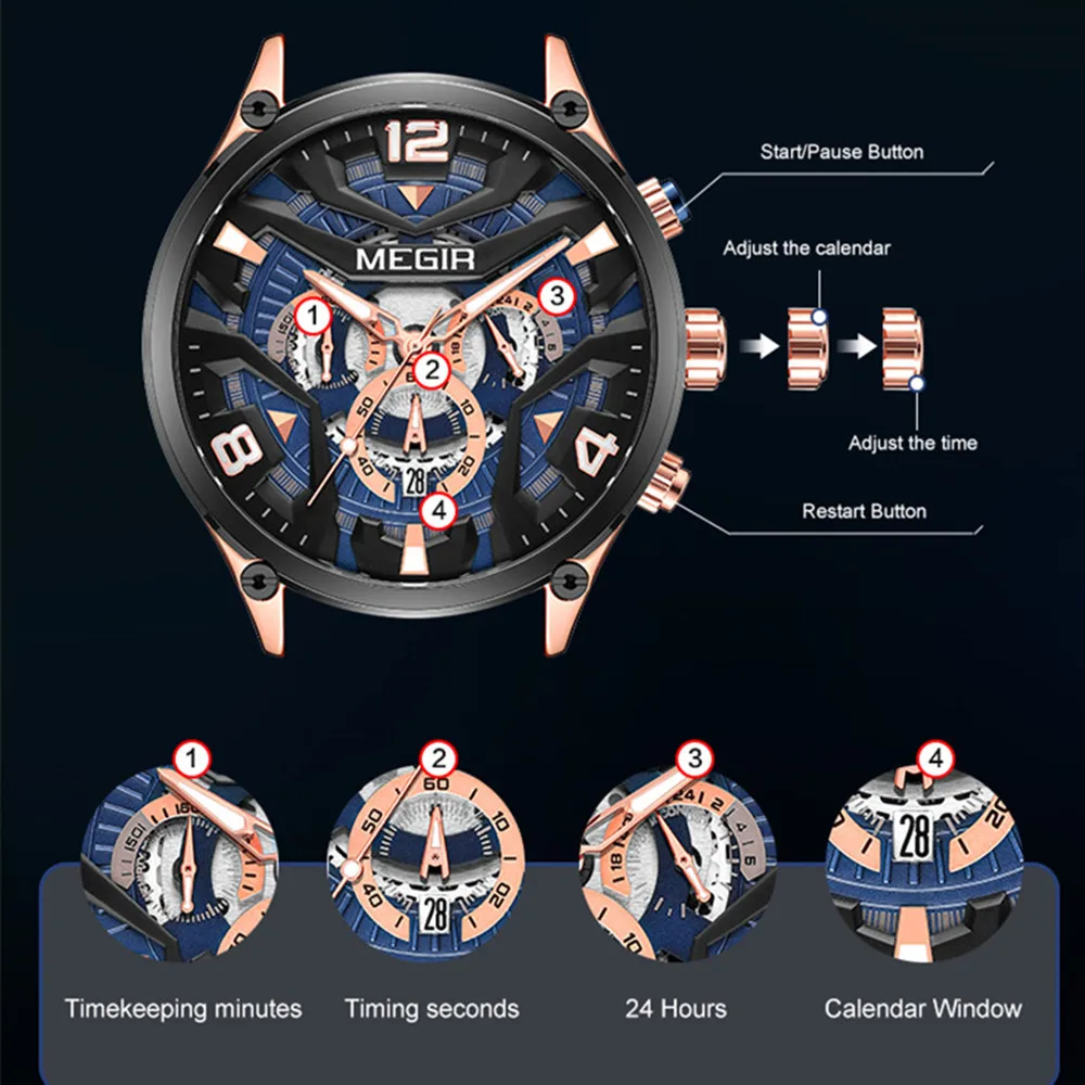 MEGIR 크로노그래프 럭셔리 남성 쿼츠 밀리터리 시계 실리콘 스트랩 방수 남성 스포츠 손목시계 날짜 시계 남성용 시계 2222