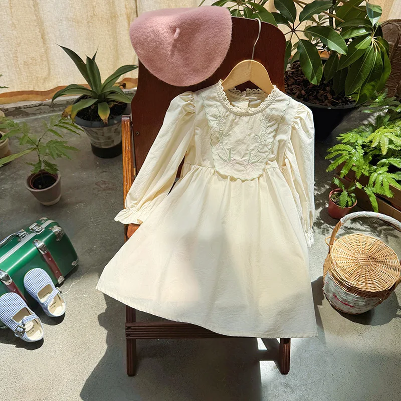 

Flower embroidered solid color girls' cotton dress2025Autumn Long Sleeve Turn-Down Collar Princess Dress for Young Girls