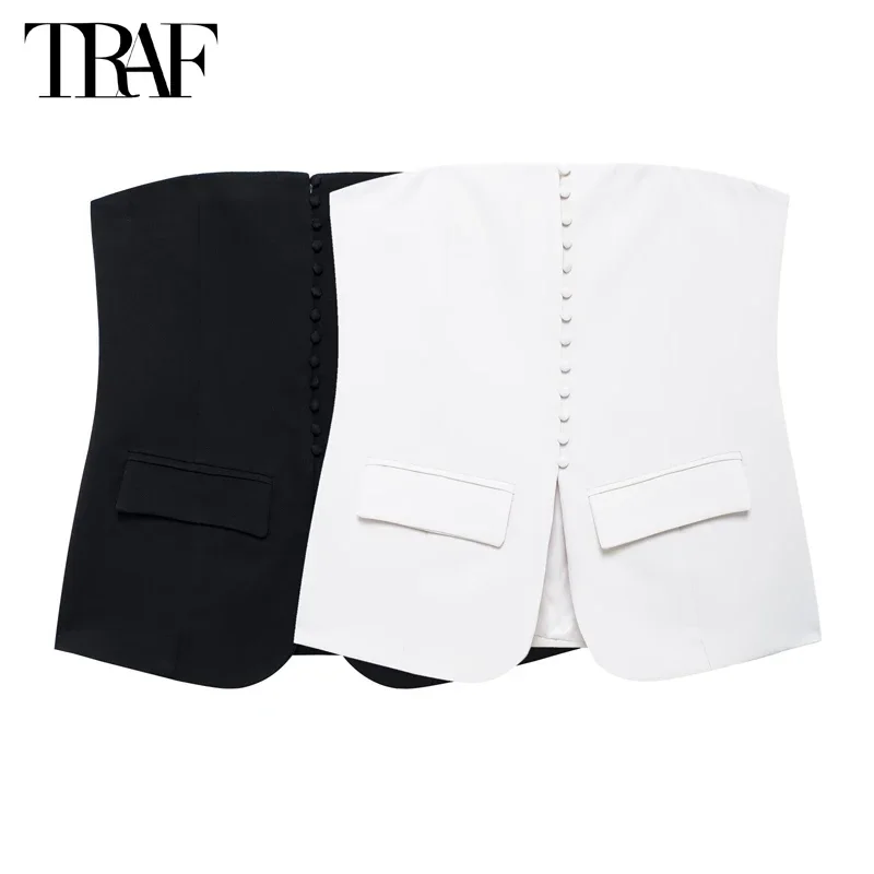 TRAF Black Corset Top 2024 White Crop Top Women Waistcoat Female off Shoulder Tank Tops for Women Fall Backless Vest Top Women