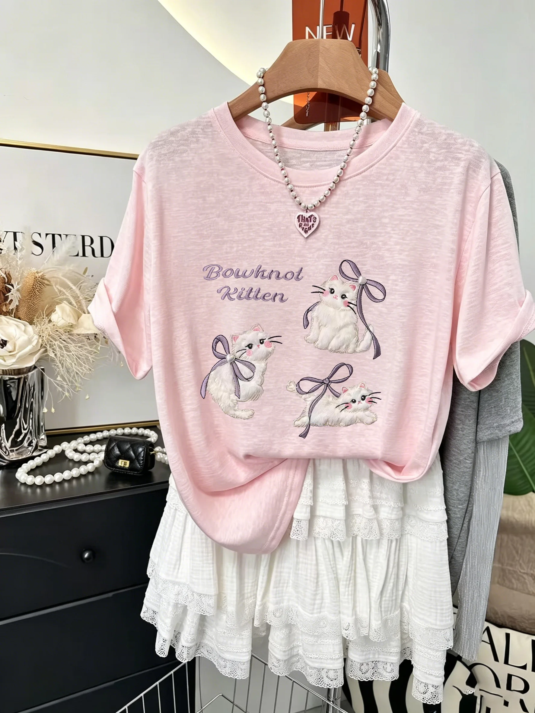Sweet Girl Summer Thin Lenzing Snowflake Cotton Anti-Aging Print Short Sleeve T-Shirt Women Loose Top Trendy Casual Style