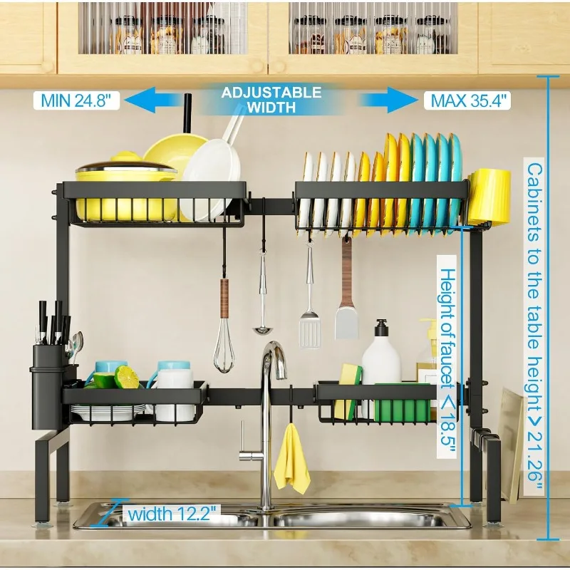 

［2-Tier 4 Baskets］Over The Sink Dish Drying Rack, 24.8"-35.4", Large Sink Rack For Kitchen, Extensible And Adjustable, Sav