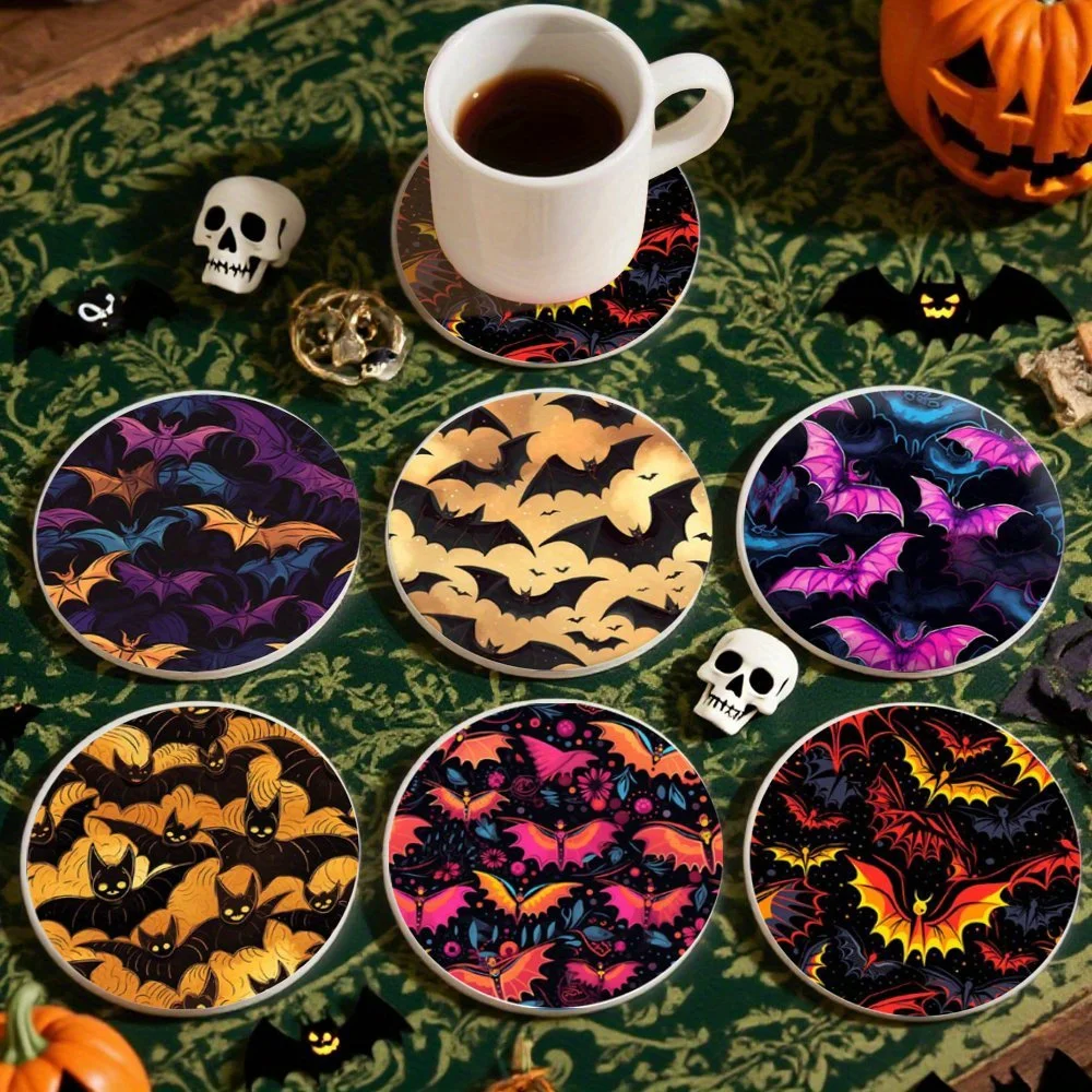 6PCS Halloween Art Decor Coaster Wooden Heat Resistant Coffee Cup Mat Colorful Bat Design Home Parties Bars Decor Best Gift