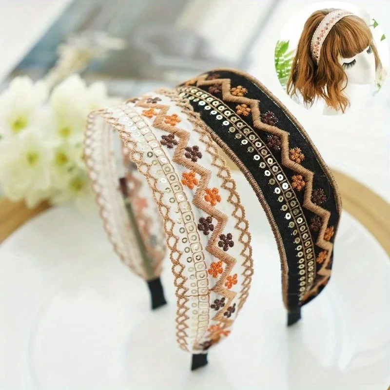 

Ethnic Flower Embroideried Suede Headbands Ladies Wide Hair Hoops Bezel Hair Accessories Fashion Retro Hairbands for Women Girls