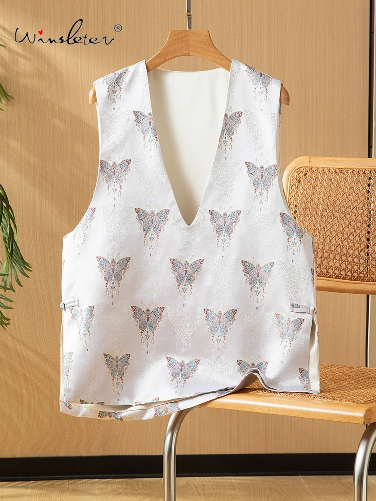 

Элегантный жилет Winsleter из 100% натурального шелка с узором «сунг-брокад», глубоким V-образным вырезом и бабочками, свободный топ для женщин, весна 2026, T61904CC
