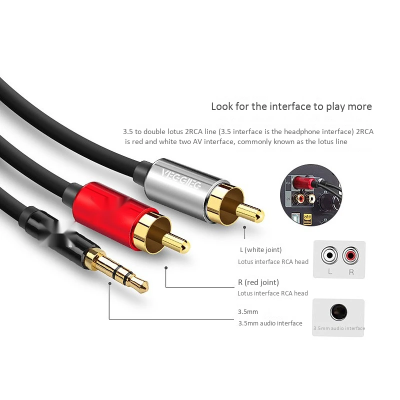 VEGGIEG-Cable de Audio 2RCA a 3,5, Conector de 3,5 Mm, Aux, para teléfono Edifer, cine en casa, DVD, 2RCA, 2M