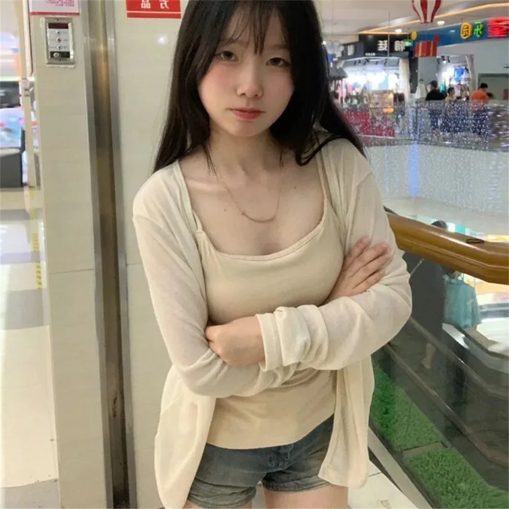 Summer Ice Silk Knitted Cardigan Women's Lightweight Shawl Outerwear Air Conditioning Shirt V-neck Long Sleeve Loose Fit T-shirt