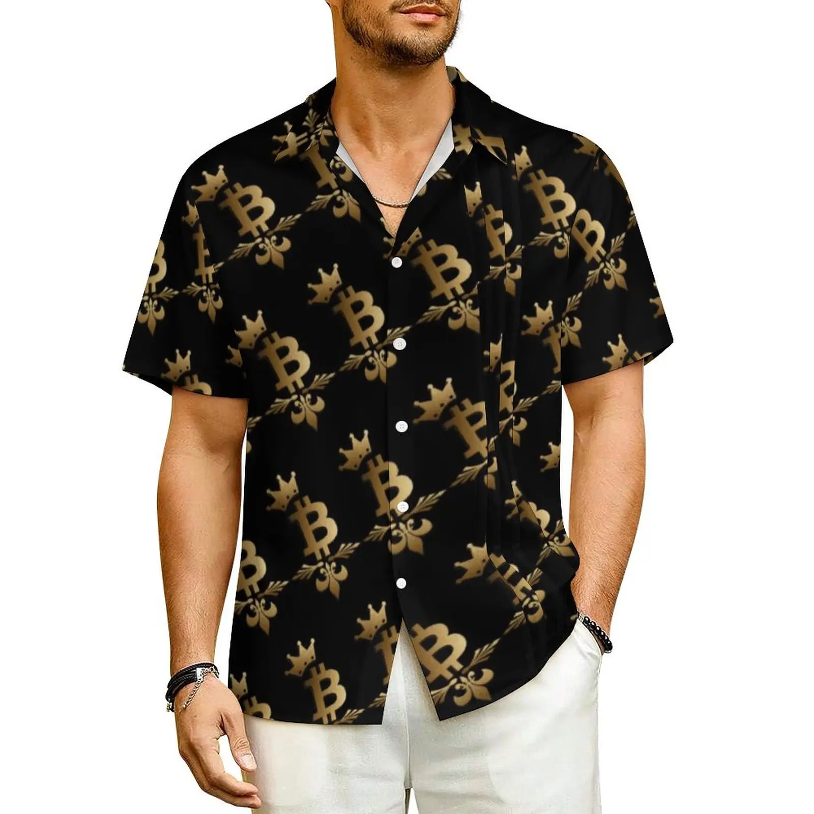 Golden Bitcoin Vacation Shirt Man Blockchain Crypto Print Retro Casual Shirts Hawaiian Short-Sleeve Streetwear Oversize Blouses