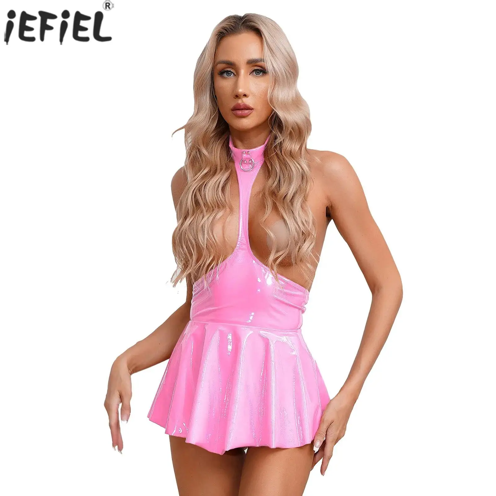 

Womens Sexy Club Dresses Open Chest Halter Hollow Out Erotic Ruffled Skirt Patent Leather Sleeveless Backless Lingerie Nightwear