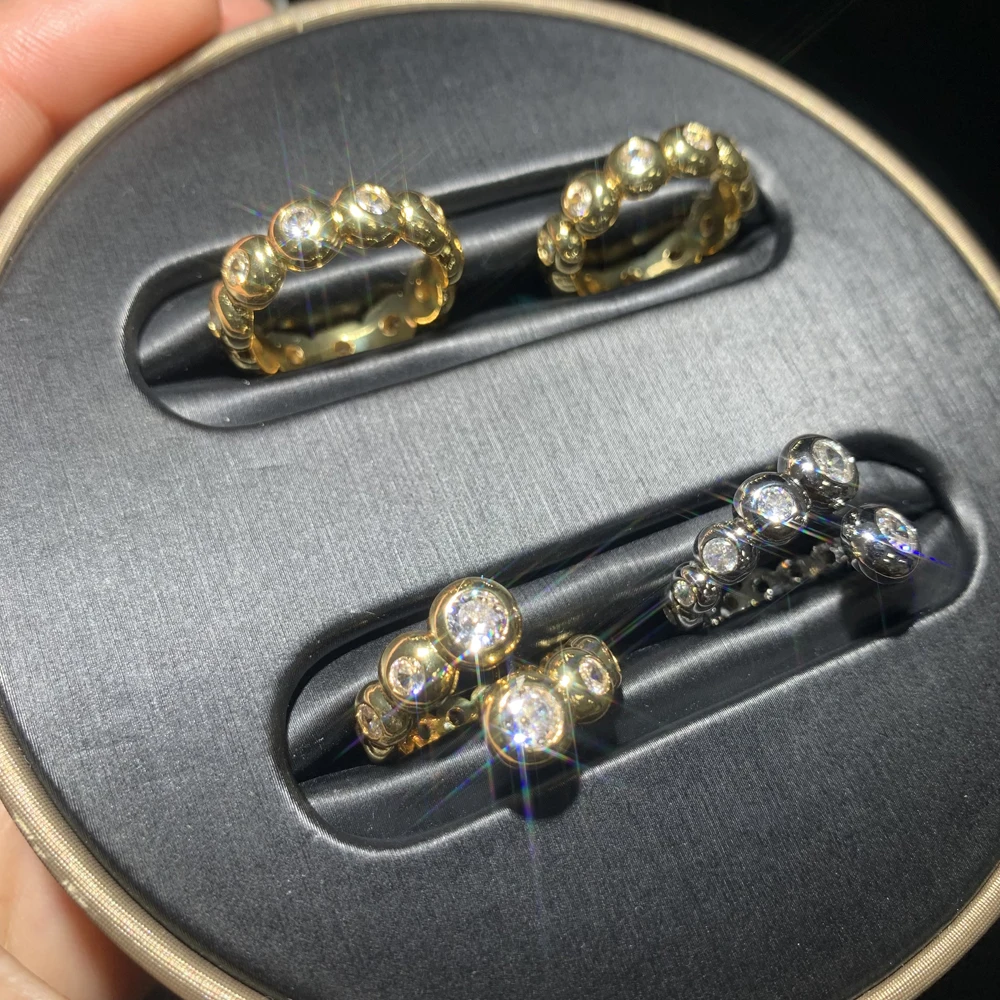 Open Adjusted CZ Ring For Women Wholesale Factory Price Full Paved Sparking 5A CZ Gold Color Round Ball Finger Jewelry