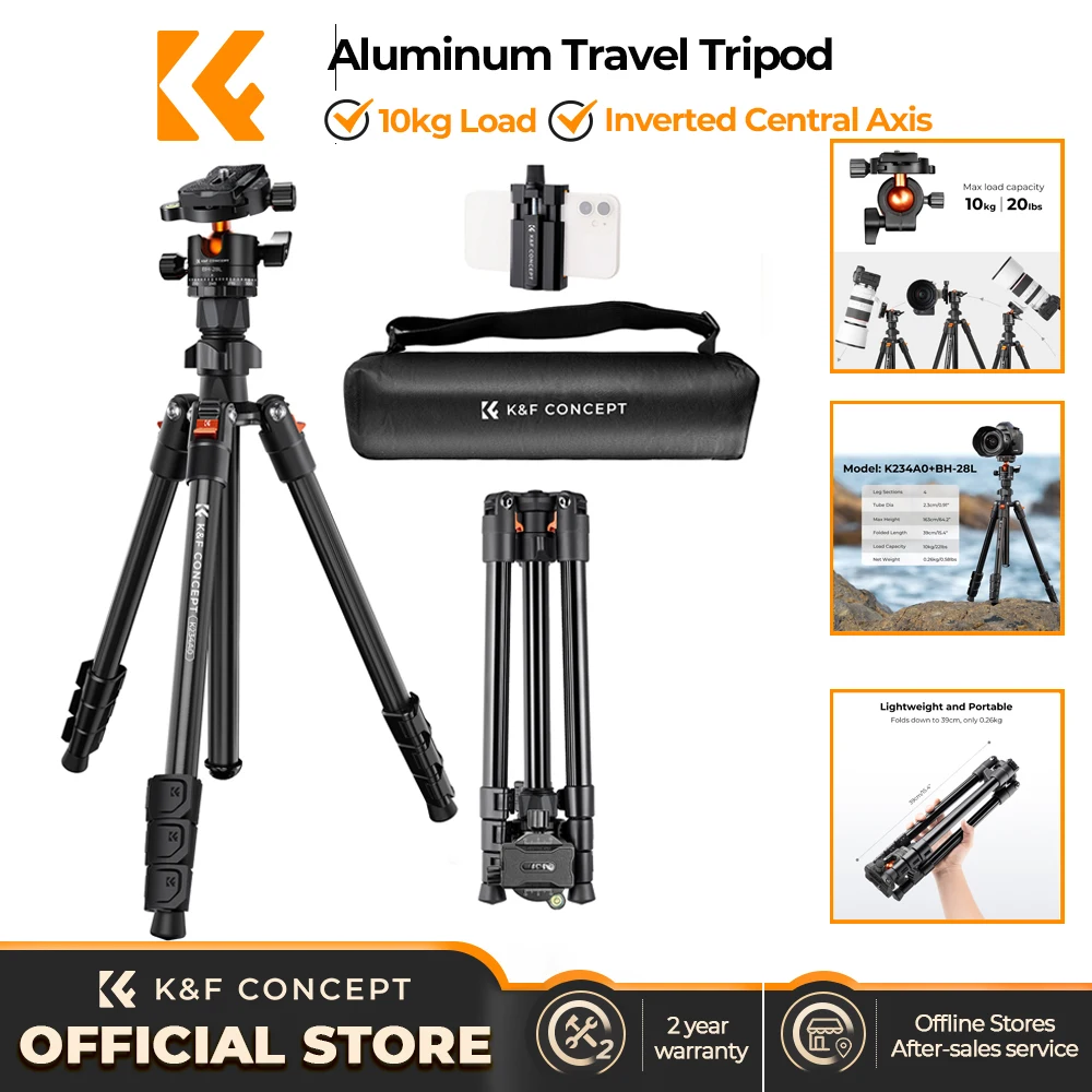 K&F CONCEPT Camera Tripod 22lbs10kg Load Inverted Central Axis Lightweight Aluminum Tripod With Smartphone Click Camcorder Stand