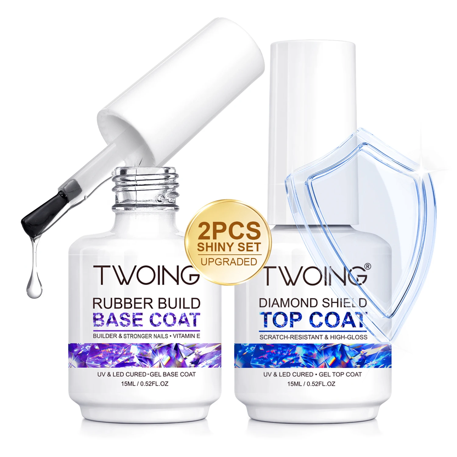 TWOING Rubber Build Base Coat & Diamond Shine No-Wipe Top Coat Set 15ml+15ml, UV LED Gel for Stronger Nails, Long-Lasting Gloss