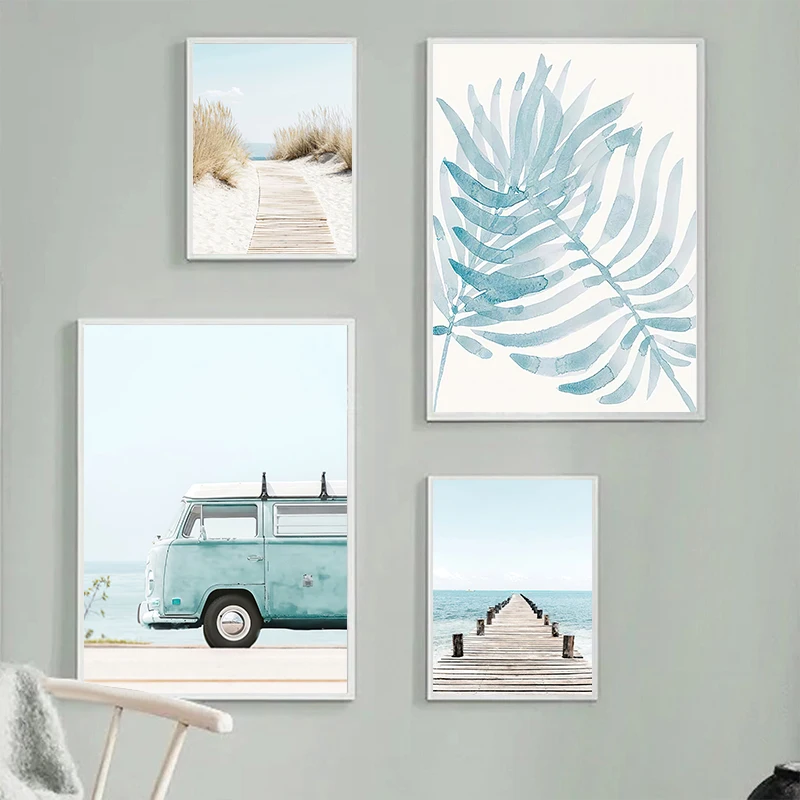 Ocean Beach Bridge Wall Art Canvas Paintings Sea Palm Tree Leaves Bus Posters Nordic Living Room Prints Pictures for Home Decor