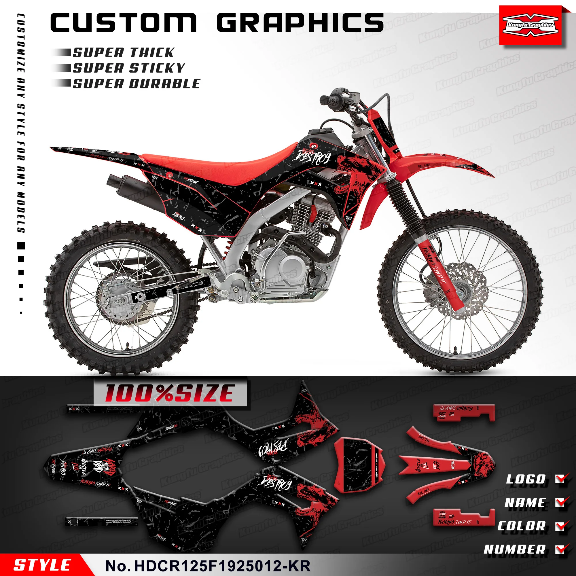 

Наклейки для мотоцикла KUNGFU GRAPHICS для Honda CRF 125F CRF125F 2019 2020 2021 2022 2023 2024 2025, HDCR125F1925012-KR